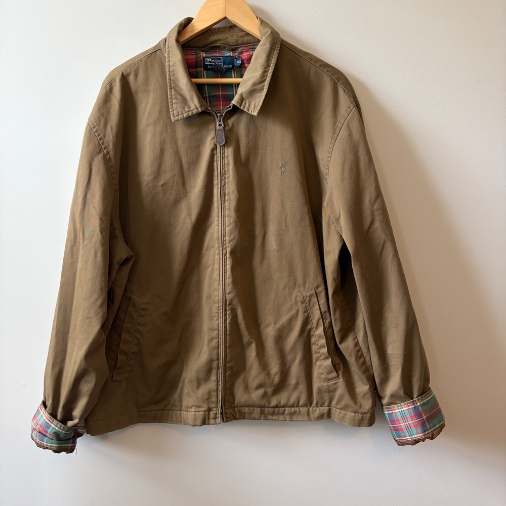 Polo Ralph Lauren Mens XXL Tan Cotton Plaid Lined Harrington Jacket Full Zip